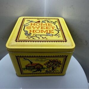 Home Sweet Home Square Tin, Vintage Cross-Stitch Style Home Sweet Home Container